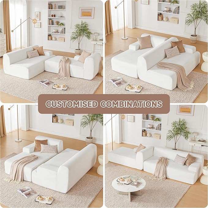107" Modular Sectional Cloud Couch, Boneless couches Sponge sectionals for Living Room, High Density Sponges Sofa, Modular L-Shape with Chaise, White