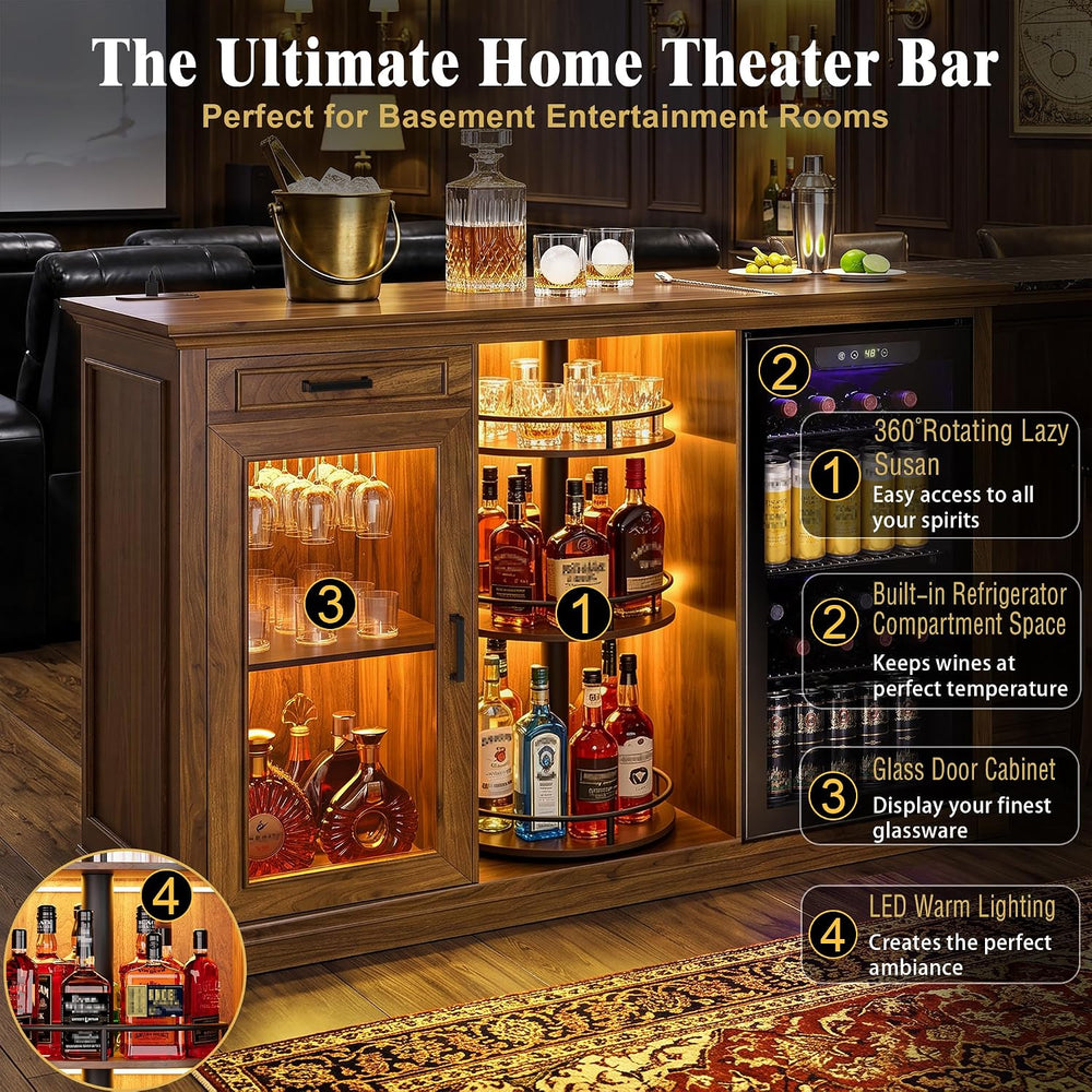 GDLF 60.2-Inch Home Bar Cabinet with Fridge Space, Warm Amber LED, Walnut