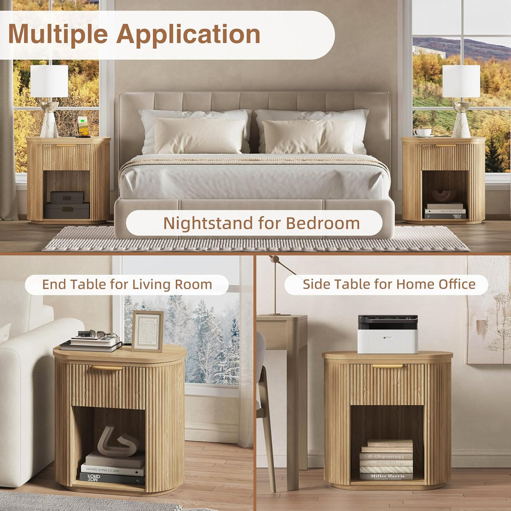 Fluted Nightstand with Charging Station 23.6" Large Round Bedside Table Oak