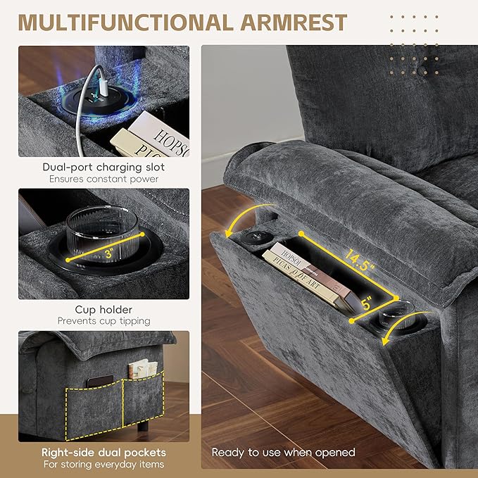 Ball & Cast Modular L Shaped Sectional Sofa W/Movable Storage Ottoman&Dual-Port Charging,4 Seater Chenille Upholstered Couch W/Side Storage Pockets&Cup Holder,for Living Room,Apartment,Dark Gray,104"