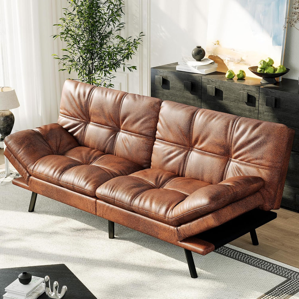 71" Convertible Futon Sofa Bed,Brown Faux Leather Futon Couch,Memory Foa...