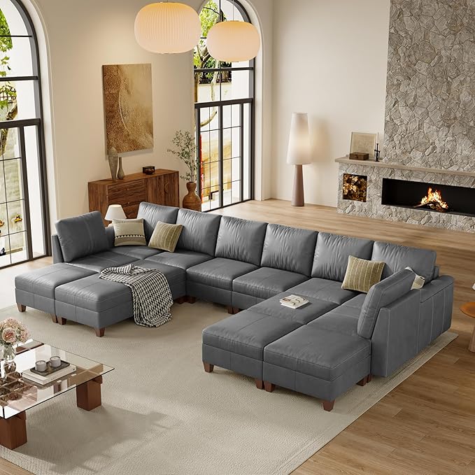 SITJOY 172" Faux Leather Modular Sectional Sofa with Storage, Mid Century Modern Sectional Couches for Living Room, Soft Padded Armrests, Oversized 14 Seat U Shaped Couch with Chaise, Gray