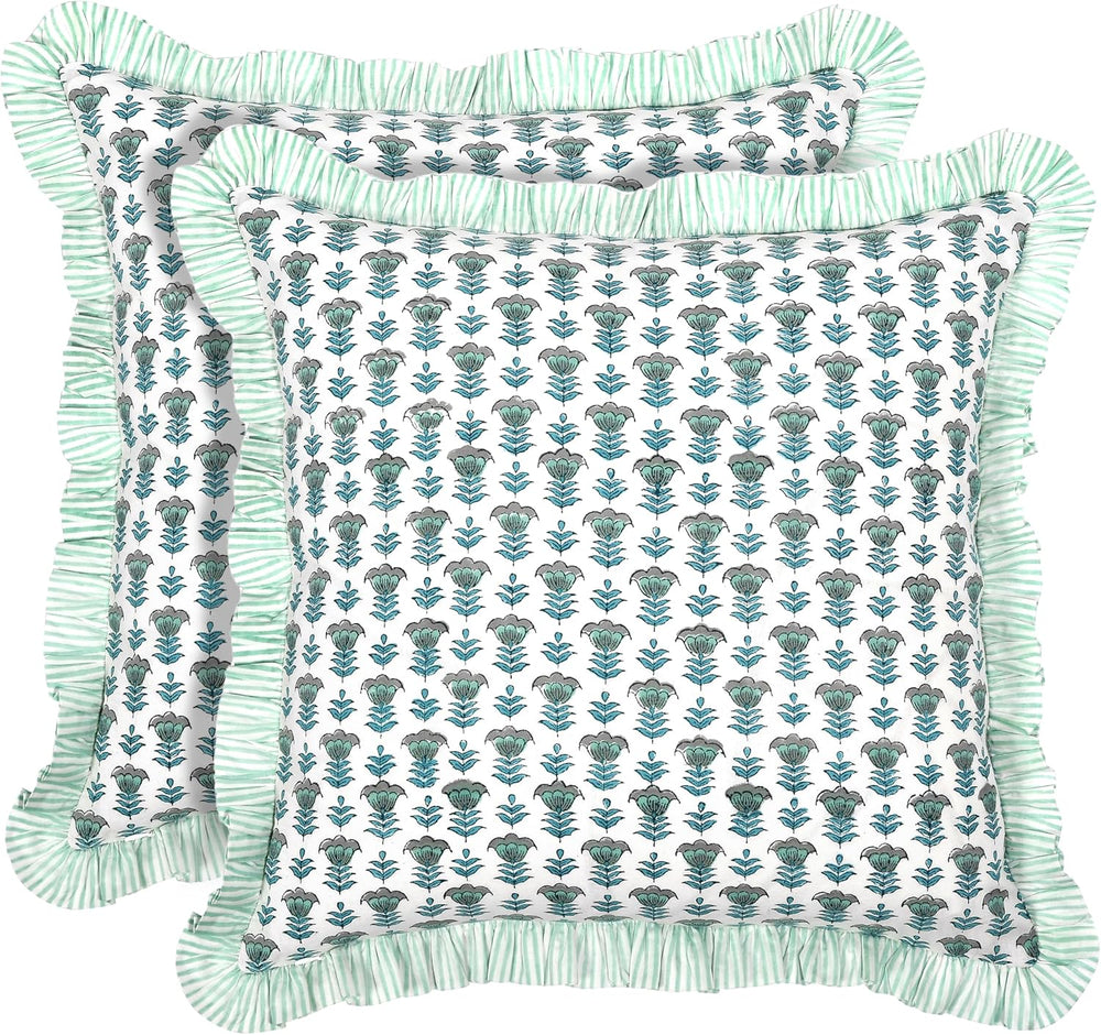 Ridhi Aquamarine Blue Block Print Ruffle Pillow Covers 16x16 Inch Set of 2