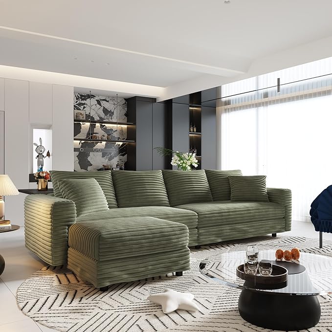KEIKI 102.4" Sectional Couches, Modern Comfy Upholstered Sofa Cloud Couch, Deep Seat 4 Seat Sofa Set with Soft Pillows and Movable Ottoman for Living Room, Apartment, Office, Green