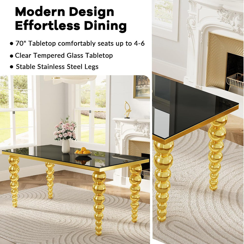 Dining Room Table Set for 6, 70 Inch Elegant Black Glass Kitchen Tabletop wit...
