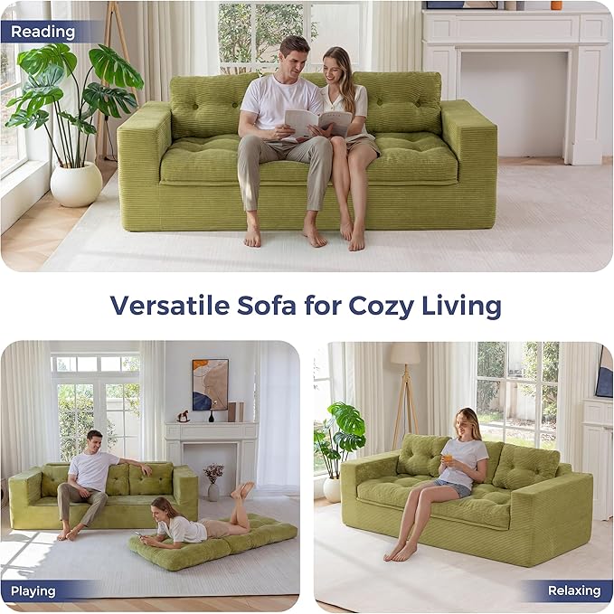 MAXYOYO 79" Loveseat Sofa Couch for Small Spaces, Upholstered Boneless Cloud Couch for Apartment Bedroom, 2-Seater Love Seat Floor Modern Sofa with Pillows, No Assembly Required, Green