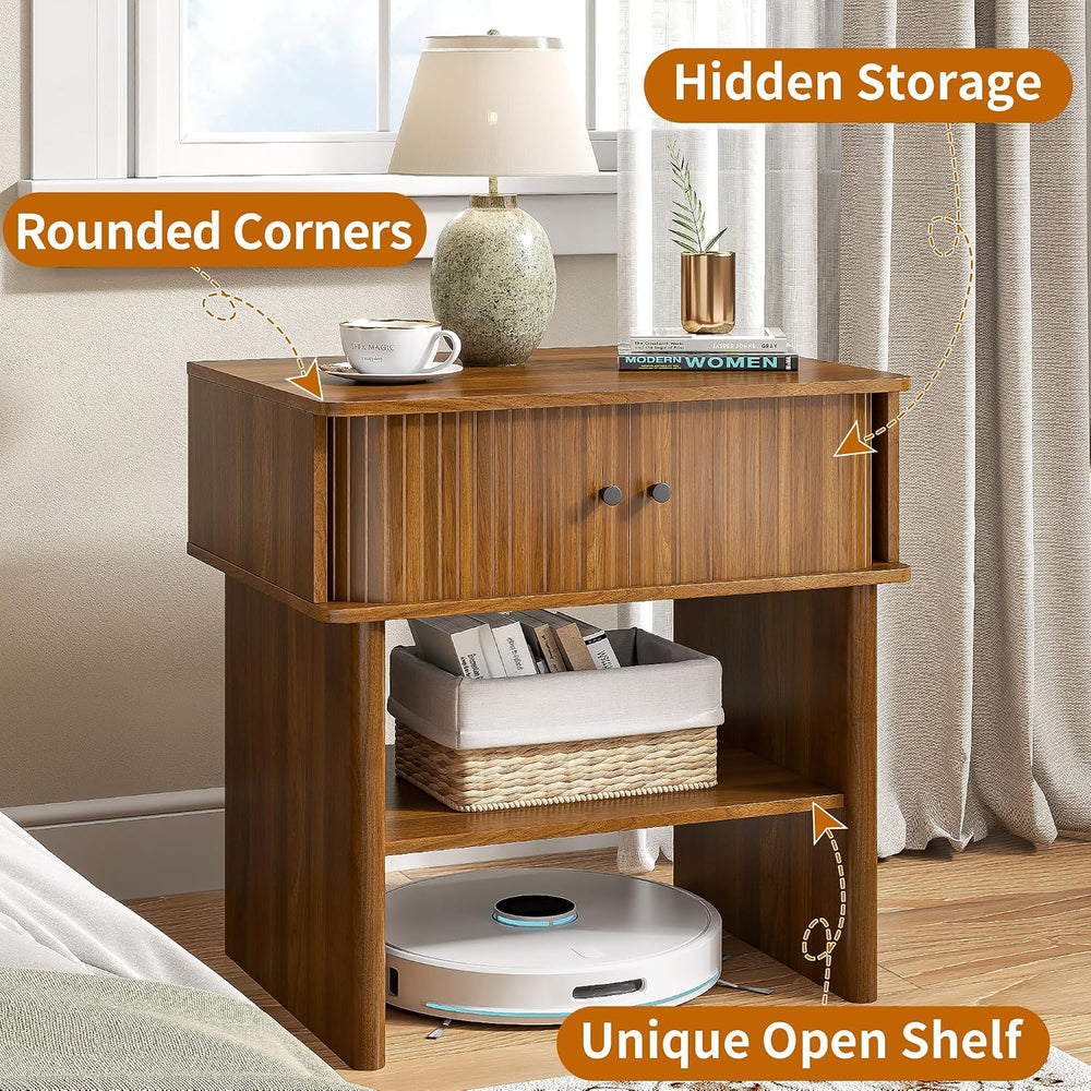 Nightstand with Fluted Sliding Door, 3-Tier Side Table with Hidden Cabinet an...