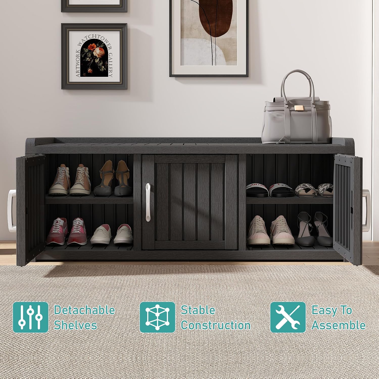 NUNU LAB Shoe Storage Cabinet, Waterproof Shoe Organizer with Adjustable Shelves, UV-Resistant Entryway Shoe Cabinet Bench with 3 Barn Doors for Indoor Outdoor, Foyer, Hallway, Living Room,Black