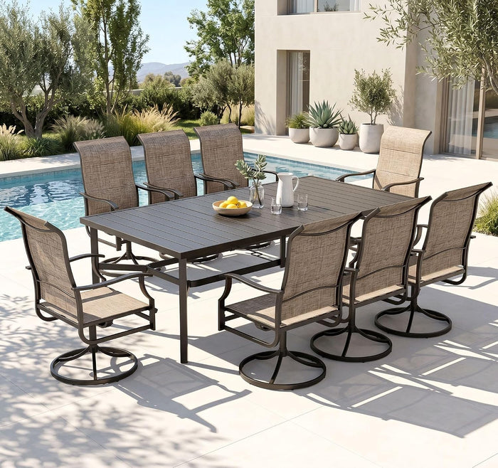 PHI VILLA Outdoor Dining Set for 8, Metal Table w/High Back Swivel Chairs