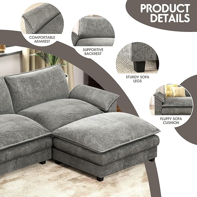 Homall 159" Modular Sectional Sofa, U Shaped Sofa Couch with Reversible Ottoman, DIY Combination Chenille Deep 4-Seat Cloud Couch for Living Room, Apartment (Light Grey, U Shaped Sofa)