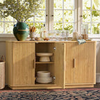 win2win 63" Fluted Sideboard Buffet Cabinet with Storage, Modern Credenza with Faux Marble Top, Curved Corners, Wood Boho Media TV Console Accent Cabinet for Living Room Kitchen Hallway, Oak