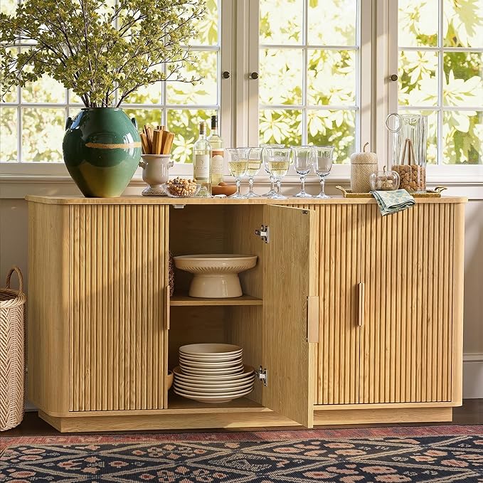 win2win 63" Fluted Sideboard Buffet Cabinet with Storage, Modern Credenza with Faux Marble Top, Curved Corners, Wood Boho Media TV Console Accent Cabinet for Living Room Kitchen Hallway, Oak