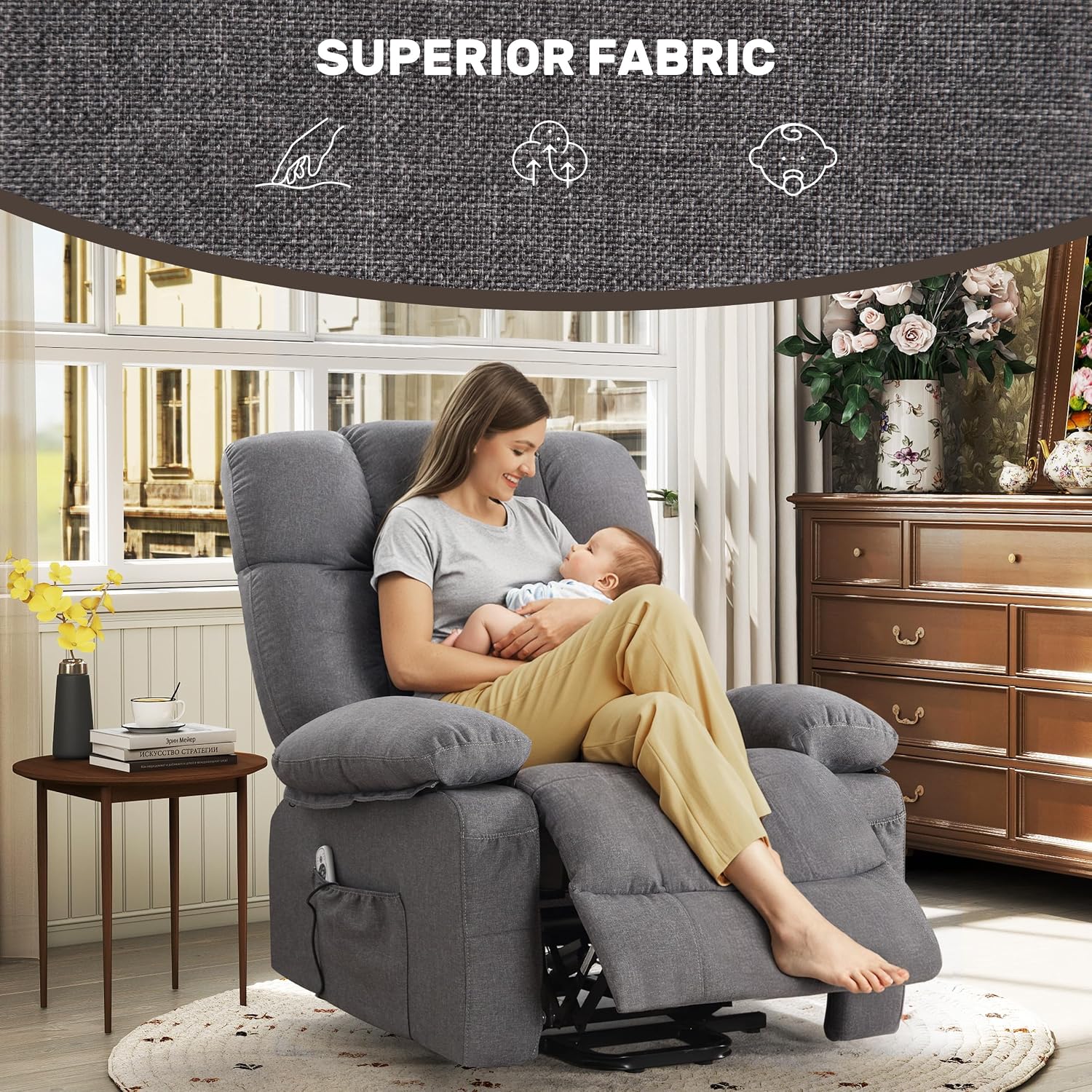 jonpony Power Lift Recliner Chair for Elderly, Big and Tall Lift Chair with Massage and Heat for Living Room, Fabric Electric Recliner Chairs with Side Pocket, USB Charge Port Grey