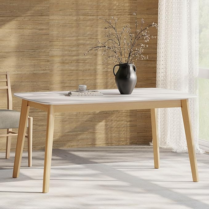 5-Piece Dining Set, Mid-Century Modern Solid Wood Table & Chair Set for 4, Kitchen, Dining Room, Restaurant, Natural Oak+Beige
