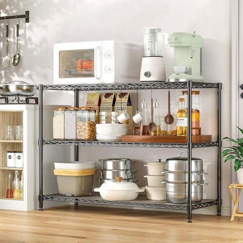 3-Shelf Adjustable Storage Shelves 36" W x 14" D x 36" H Metal Shelving Unit Heavy Duty Wire Rack Small Organizer with 3 Shelf Liners for Kitchen Pantry Bathroom Laundry Closet Garage Black