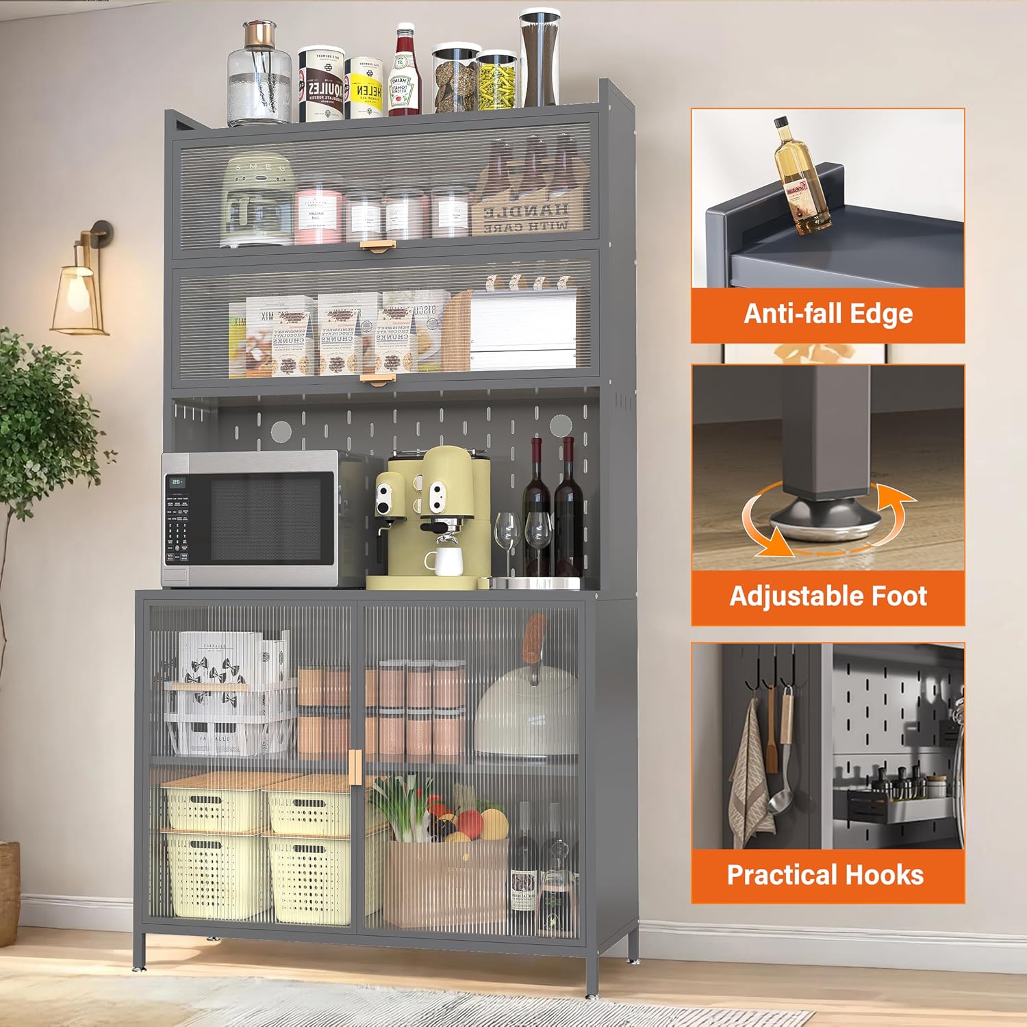 73" Pantry Cabinet Kitchen Hutch Cabinet with Doors & Adjustable Shelves, Stylish Metal Sideboard Cupboard Storage Cabinet, Anti-Tip Design Hutch for Kitchen Dining Room(Grey)