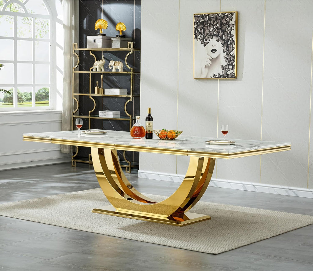 94 Inch White Marble Dining Table for 6-10 People, Modern Extra Long Rectangular Kitchen Table w/Faux Marble Top & Gorgeous Mirrored Stainless Steel Base, Large Rectangular Gold Dining Room Table
