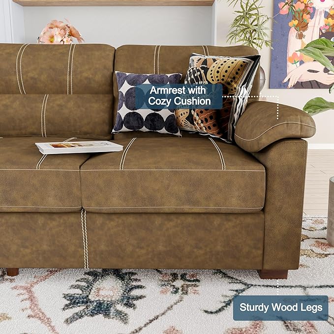 80 Inch Brown Faux Leather Sofa Couch - Wide Armrests with 2 Pillows, Deep Seats, Contrast Stitching, 3 Seater Leather Couches for Living Room, Bedroom, Apartment