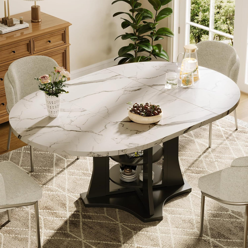 Extendable Dining Table 43"-59" for 4-6, White Faux Marble Round Ki...
