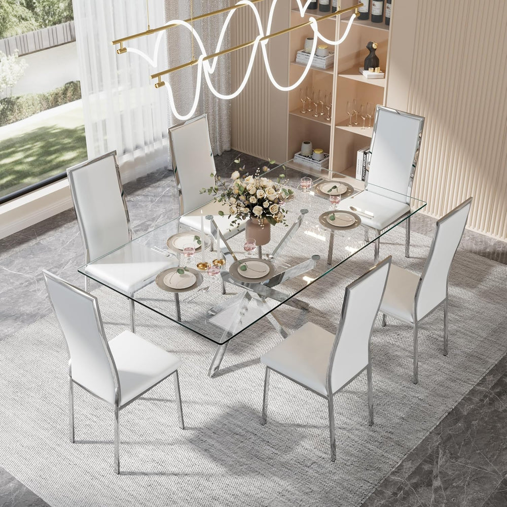 Modern Dining Chairs Set of 6, White Faux Leather with Chrome Silver Metal Le...