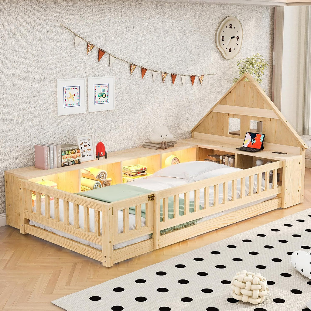 Twin Size Wood Floor Bed with Guardrail, House-Shaped Headboard and Cabinet (Natural)