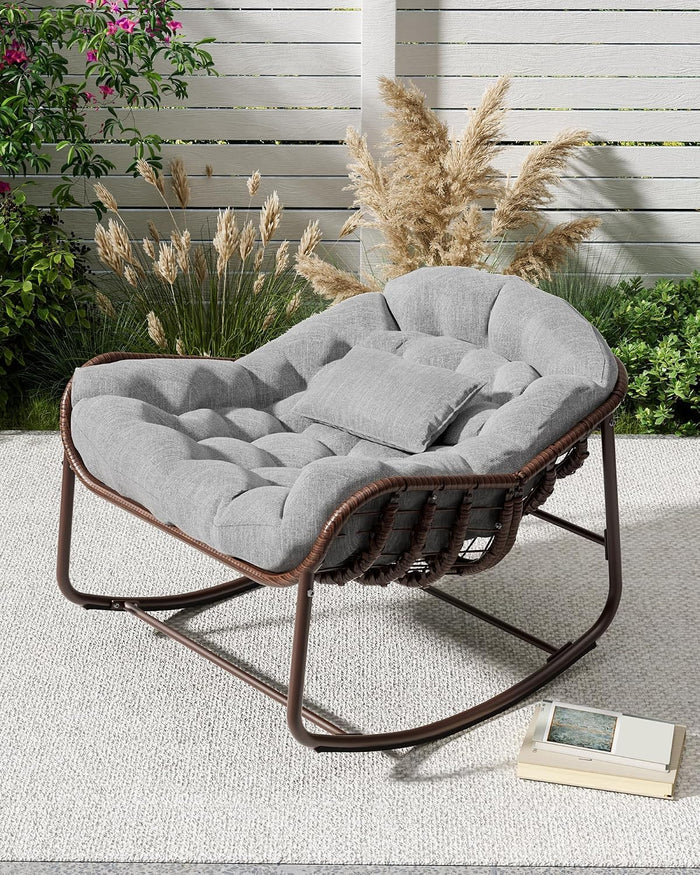 Oversized Papasan Rocking Lounge Chair with Neck Pillow, Hand Woven Rattan Rocker, Heavy Duty Metal Frame Supports 400LBS, Indoor Outdoor Porch Patio Living Room Chair,Gray