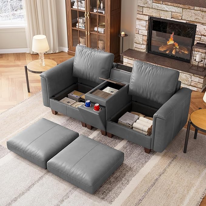 SITJOY 79" Faux Leather Modular Sectional Sofa with Storage, Mid Century Modern Sectional Couches for Living Room, 2 Seat Loveseat Couch and Console Table, Hidden Cupholders, Gray