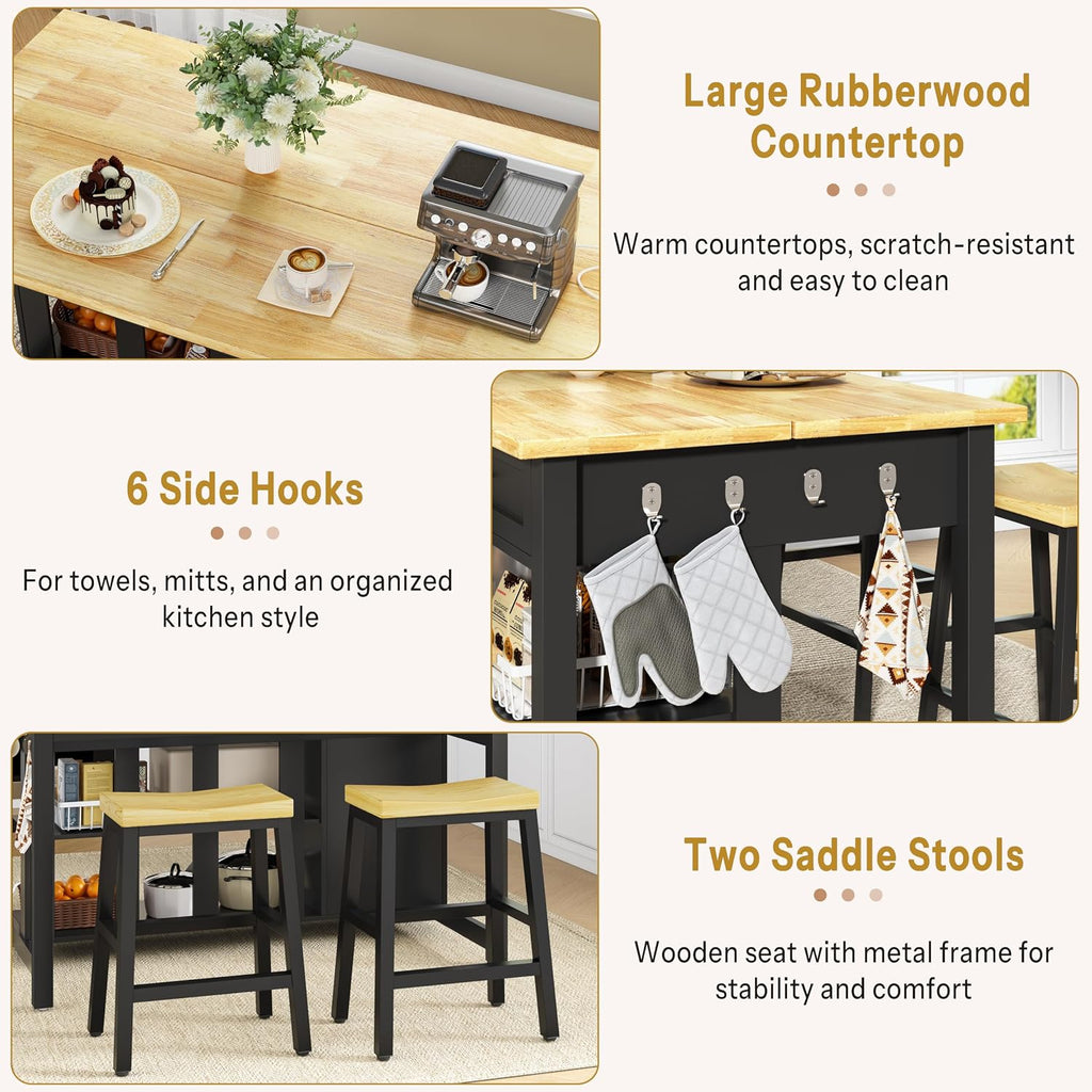 DynJest Kitchen Island with Storage and Seating Include 2 Bar Stools, Black | 47" Solid Rubberwood Island Table with Trash Can Storage, Power Outlets, 2 Drawers & Open Shelves Cabinet, Dining Table for 2