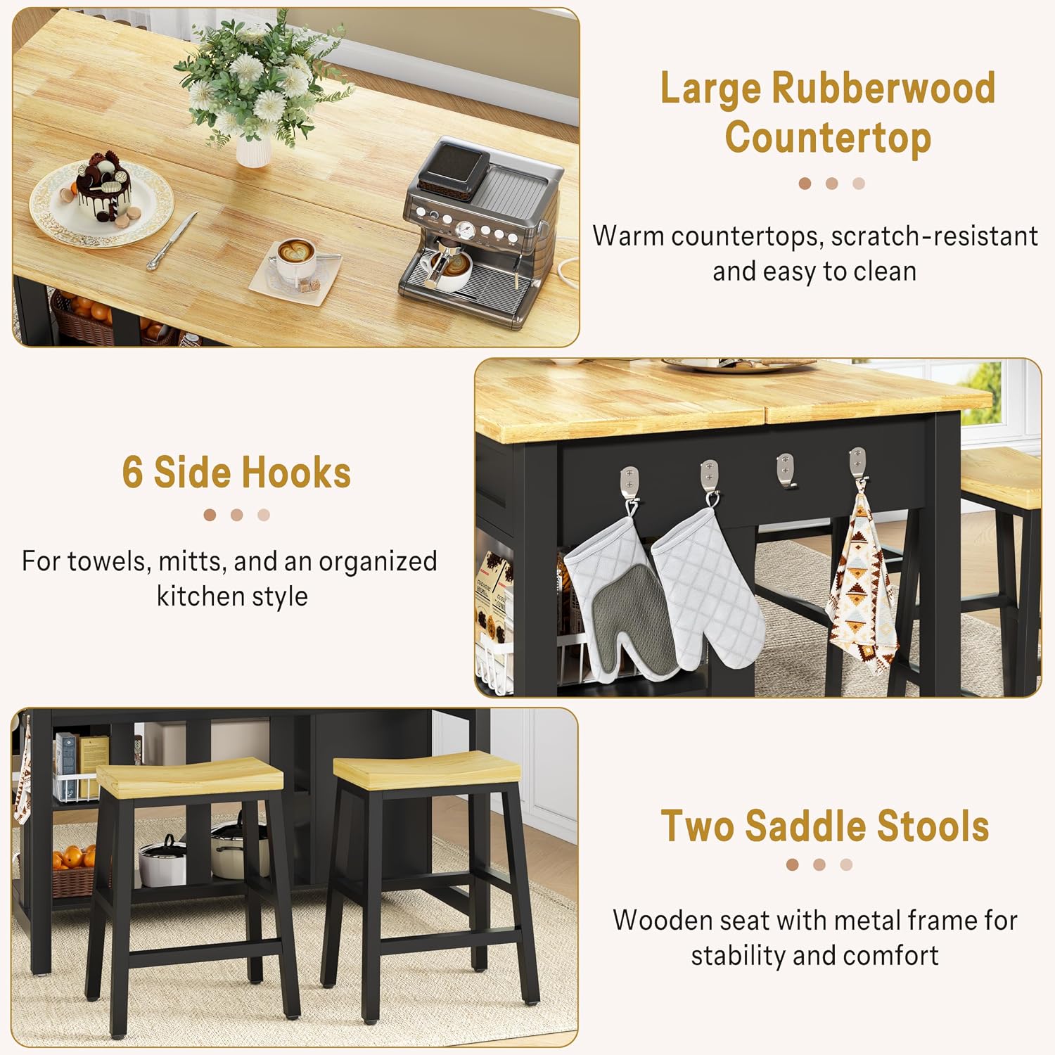 DynJest Kitchen Island with Storage and Seating Include 2 Bar Stools, Black | 47" Solid Rubberwood Island Table with Trash Can Storage, Power Outlets, 2 Drawers & Open Shelves Cabinet, Dining Table for 2