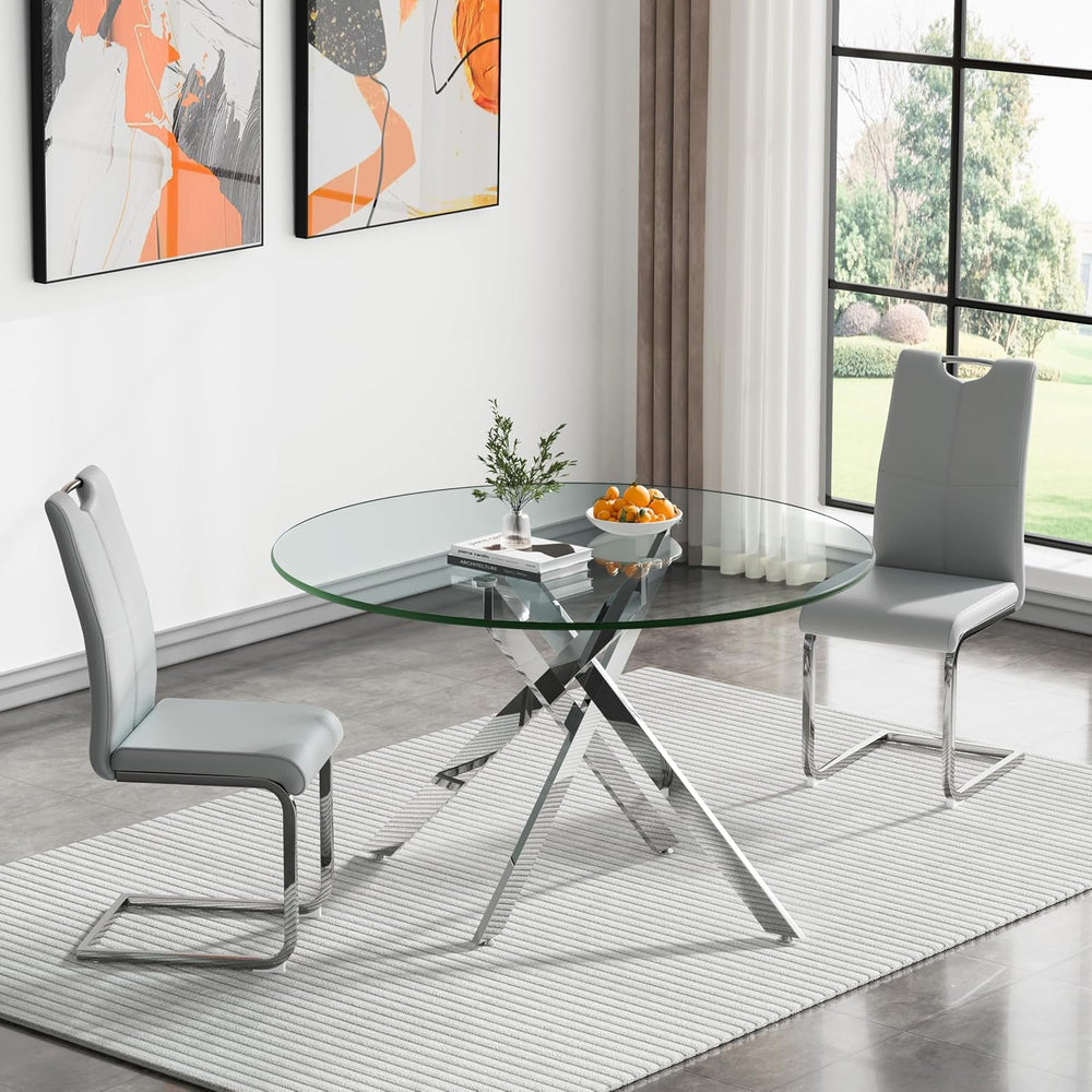 47.25 Inch Round Glass Dining Table Set for 2, Modern 3 Piece Dining Room Tab...