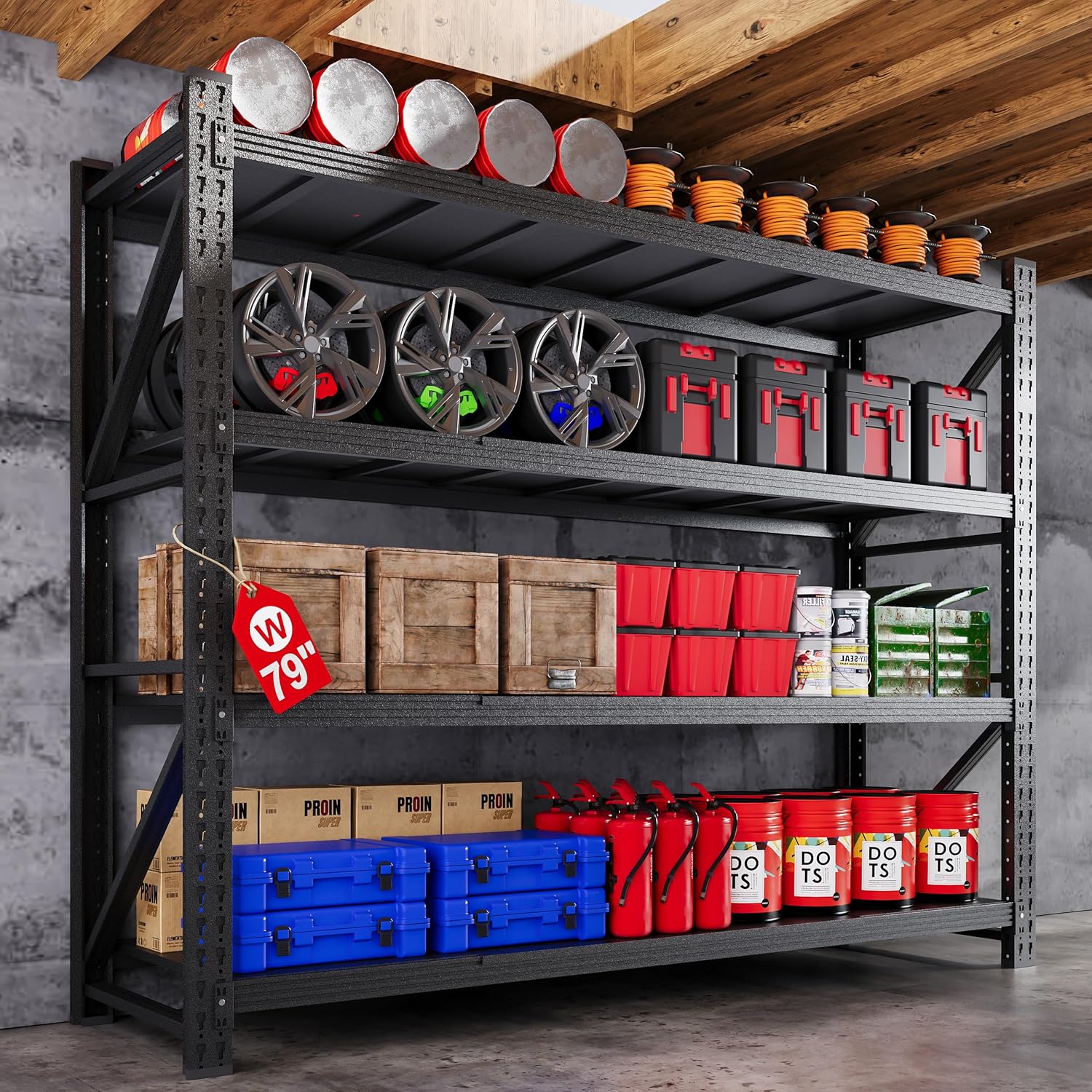 79”W Garage Shelving Heavy Duty, 7000LBS Metal Storage Shelves, 24” Deep Storage rack shelf, Steel Tall Industrial Shelving , 4 Tier Adjustable Standing Shelf for Warehouse / Shop 79"W x 24"D x 79"H