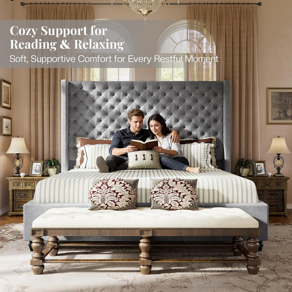 Jocisland Queen Bed Frame with 63" Tall Wingback Headboard, Grey