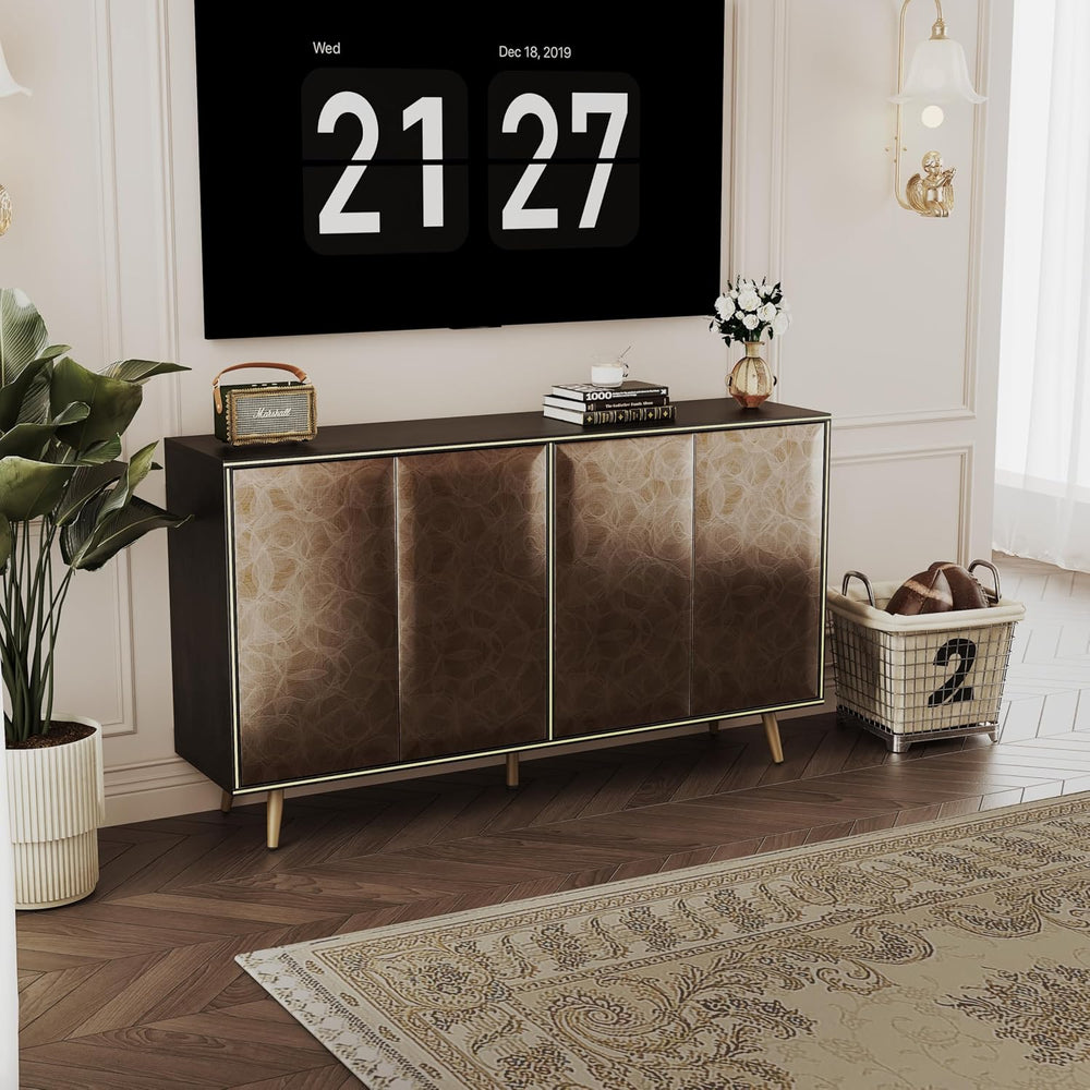 Sideboard Buffet Cabinet with Raised Shaped & Geometric Line Texture Door...