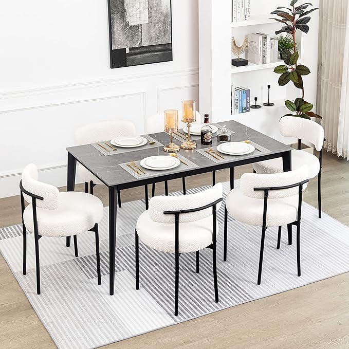 DYHOME White Boucle Dining Chairs Set of 6, Mid Century Modern Dining Room Chairs with Curved Backrest, Upholstered Kitchen Chairs with Black Metal Legs