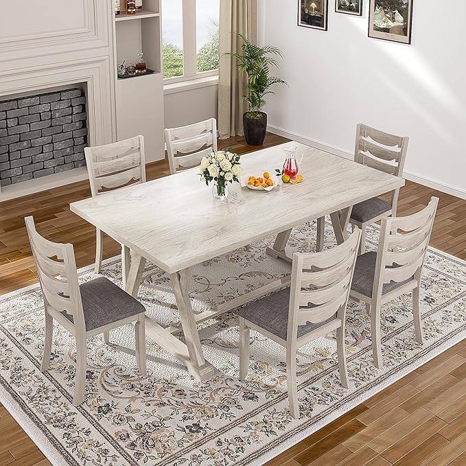 7-Piece Solid Wood Dining Table Set with 6 Upholstered Chairs - Modern Design for Kitchen & Small Spaces, for Dining Room, Kitchen, Washed Gray