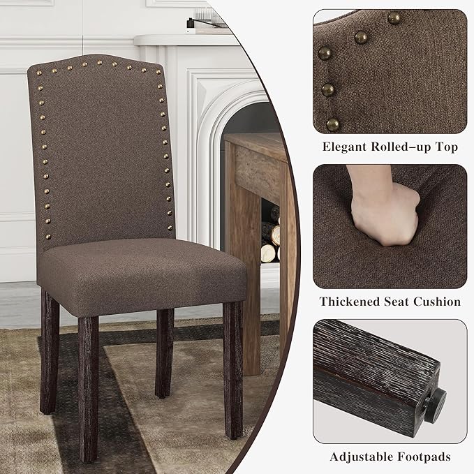 LSSBOUGHT Fabric Dining Chair Upholstered Parsons Kitchen Chair with Copper Nails and Solid Wood Legs for Dining Room,Restaurant (Taupe, 2PCS)