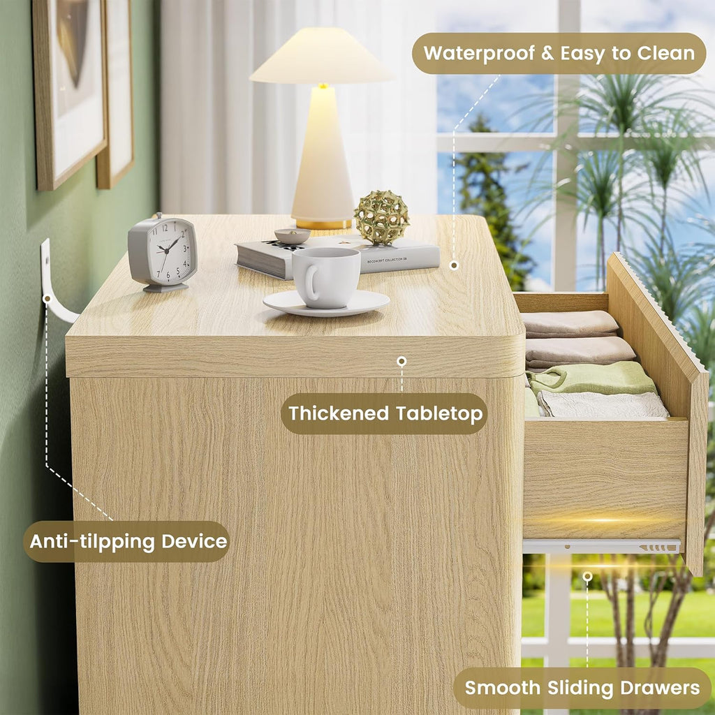 Fluted Nightstand Set of 2, Natural Oak Night Stand with 3 Drawers, Bedside Table with Storage, Mid Century Modern End Table Bedside Table Set, Curved Profile Handleless Design, 25” Wide