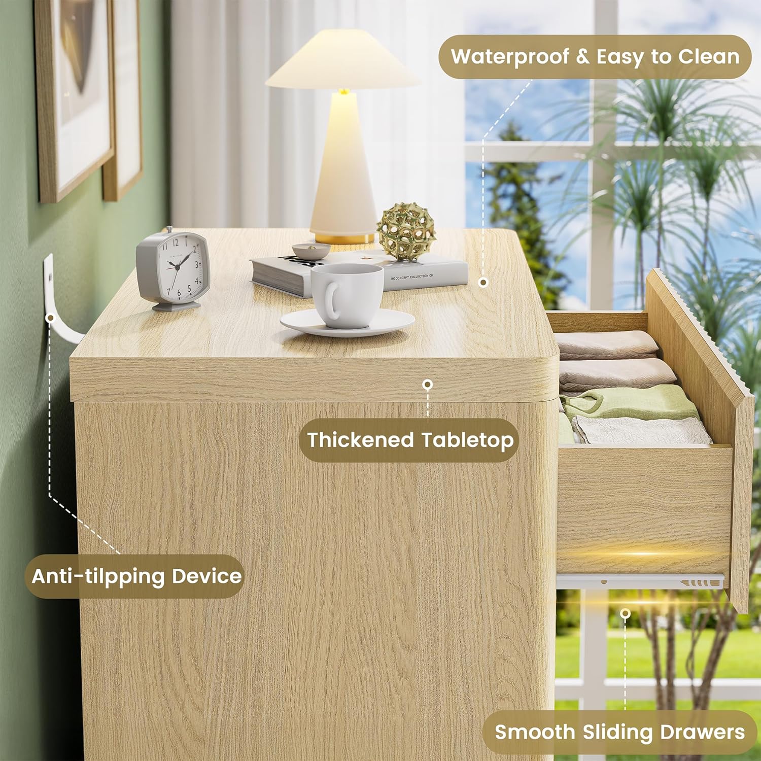 Fluted Nightstand Set of 2, Natural Oak Night Stand with 3 Drawers, Bedside Table with Storage, Mid Century Modern End Table Bedside Table Set, Curved Profile Handleless Design, 25” Wide