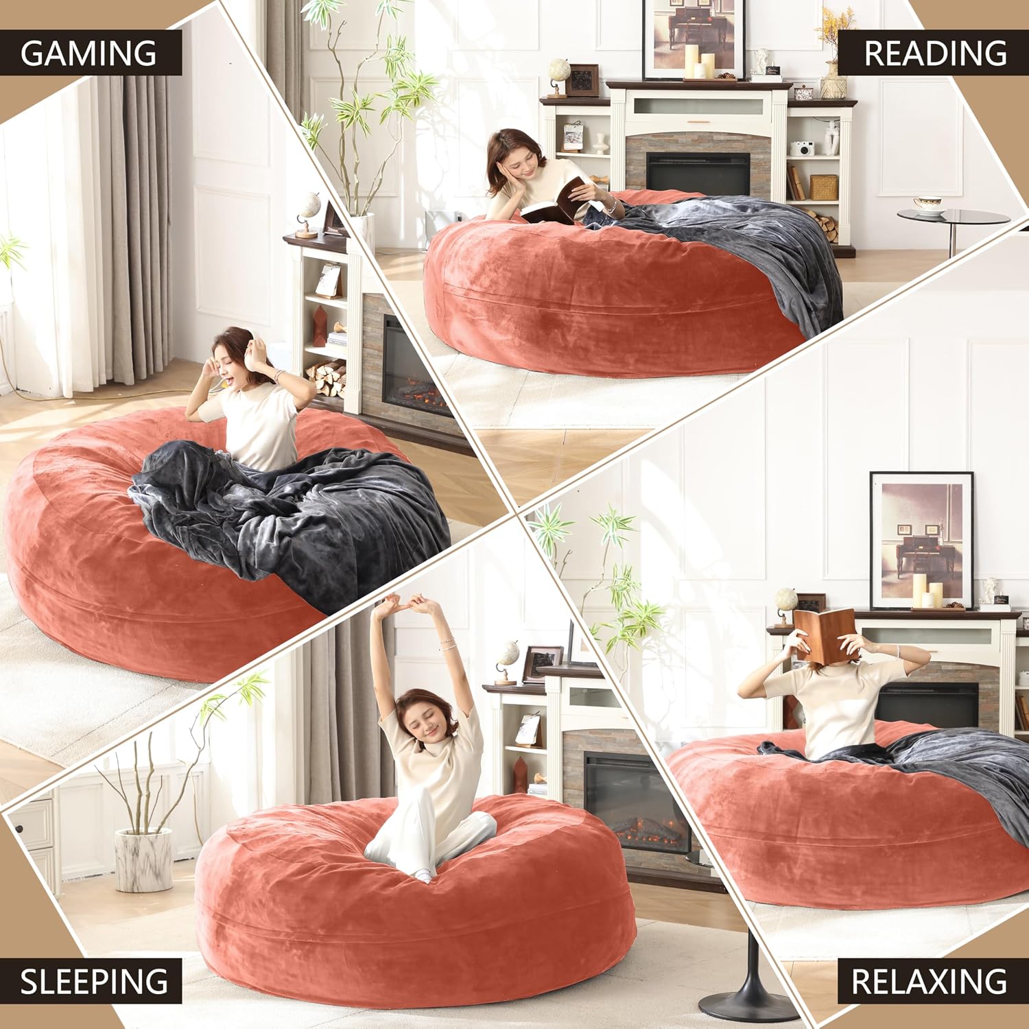 Bean Bag Chair for Adults Soft Comfy Bean Bag for Adults, Cozy Reading Chair, Large Round Bean Bag Couch, Versatile Living Room & Bedroom Chairs (Pink, 6FT)