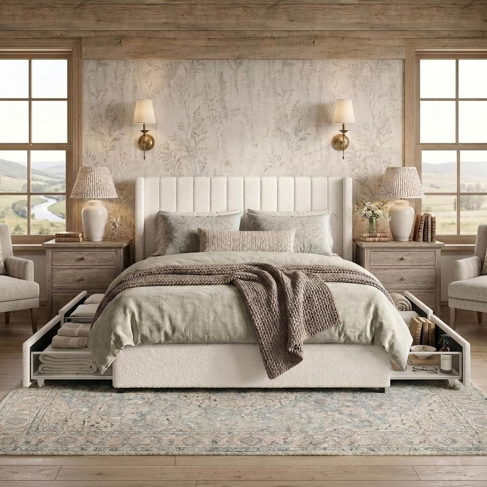 Queen Size Storage Bed Frame with 4 Drawers, Ivory Boucle Upholstered Platfor...