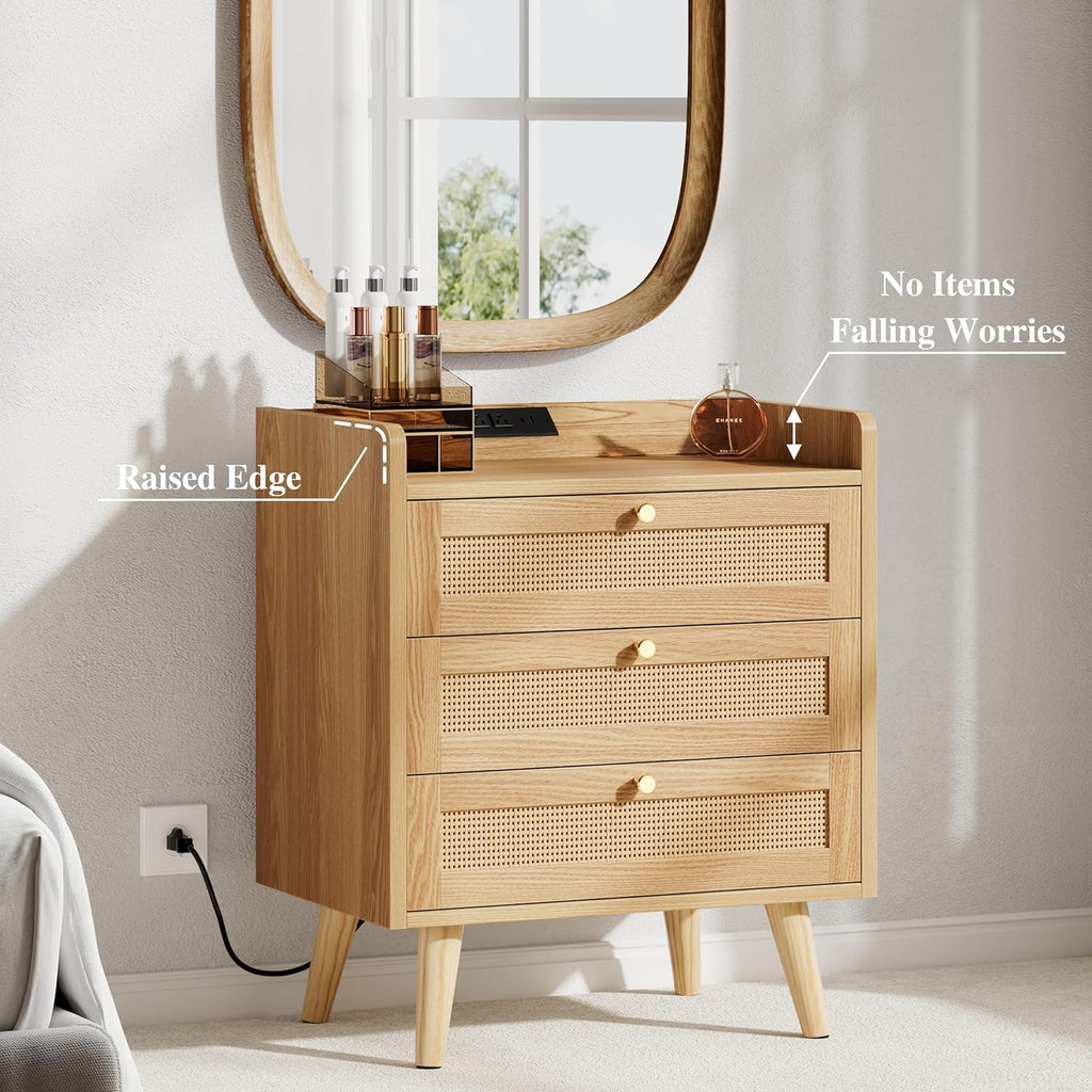 Rattan Night Stand with Charging Station, End Tables with 3 Drawer Dresser, Boho Bedside Table, Mid Century Modern Nightstand, RuralCabinet for Farmhouse Bedroom Living Room Sofa Couch Office Corner
