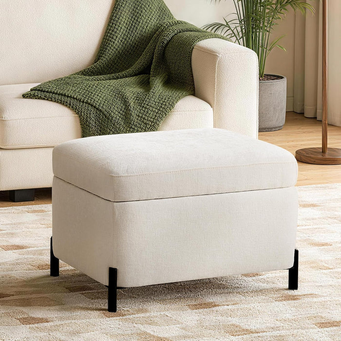Zihanhome Chenille Storage Ottoman with Lift-Top Lid, Upholstered Ottoman Bench & Foot Rest, Hidden Storage Footstool with Matte Black Metal Legs for Living Room, Bedroom, Entryway (White)