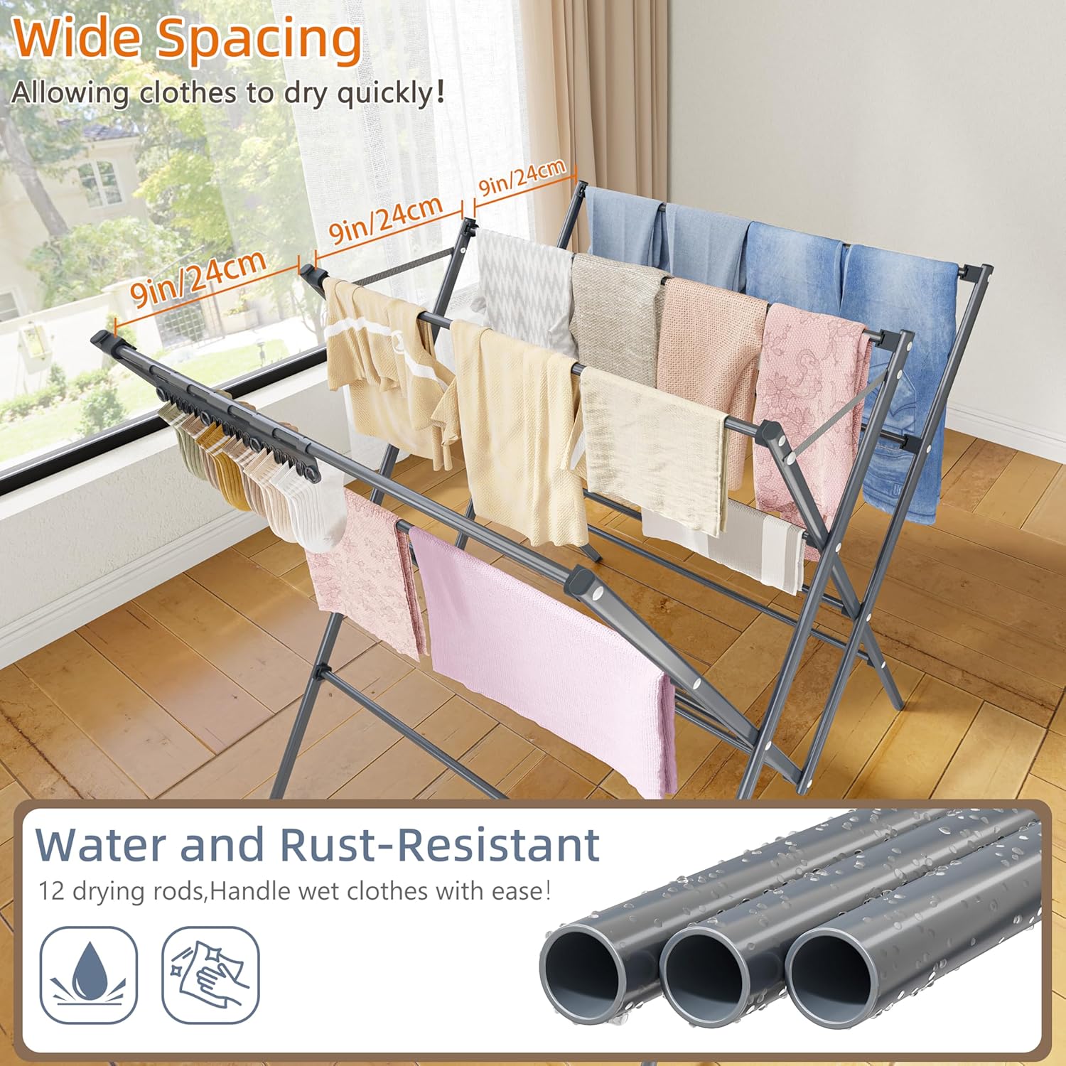 HOMIDEC Drying Rack Clothing,Large 12 Drying Poles with Sock Clips Clothes Drying Rack,Foldable Portable Laundry Drying Rack for Air Drying Clothing,Towels,Delicate Eac,Indoor Outdoor Use.Silver
