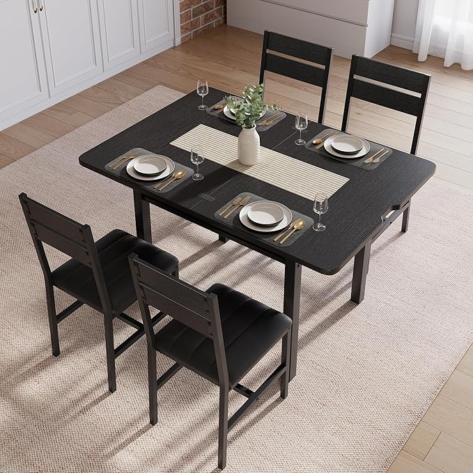 Dining Table Set for 4, Extendable Kitchen Table with 4 PU Leather Upholstered Dining Room Chairs, Wood Kitchen Table Set with Built-in Storage Rack for Dining & Small Spaces, Black