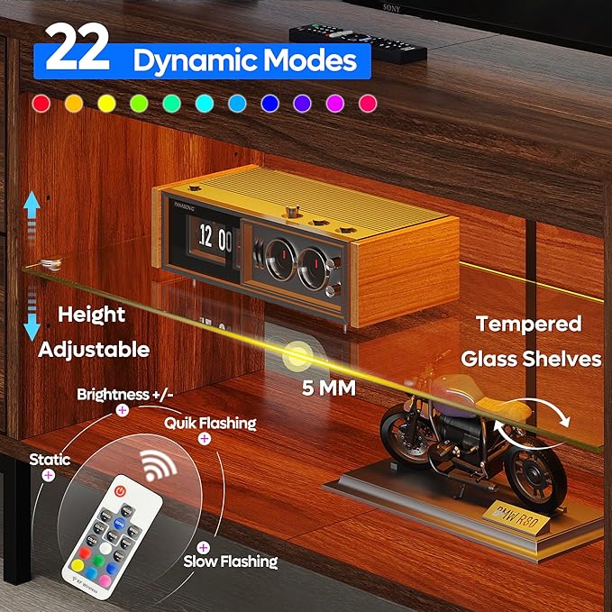 Bestier TV Stand for 75/80/85 inch TV, LED Gaming Entertainment Center, Modern TV Cabinet with Glass Shelves for Living Room, Media Console with 2 Storage Drawers & Cabinets for Bedroom, Walnut