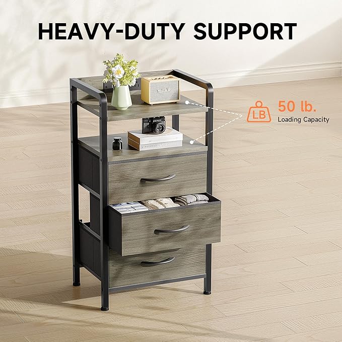 Night Stand with Charger Station - Grey Nightstand with LED Light Strip, Mord...