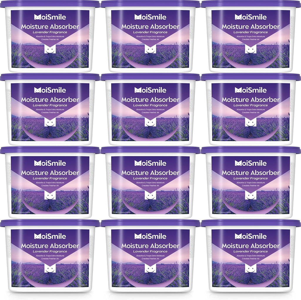 Moisture Absorbers 12 Pack, Lavender Fragrance Closet Dehumidifier for Bathroom, Car ＆ Basement, 10.5 oz Refillable Humidity Absorber Boxes
