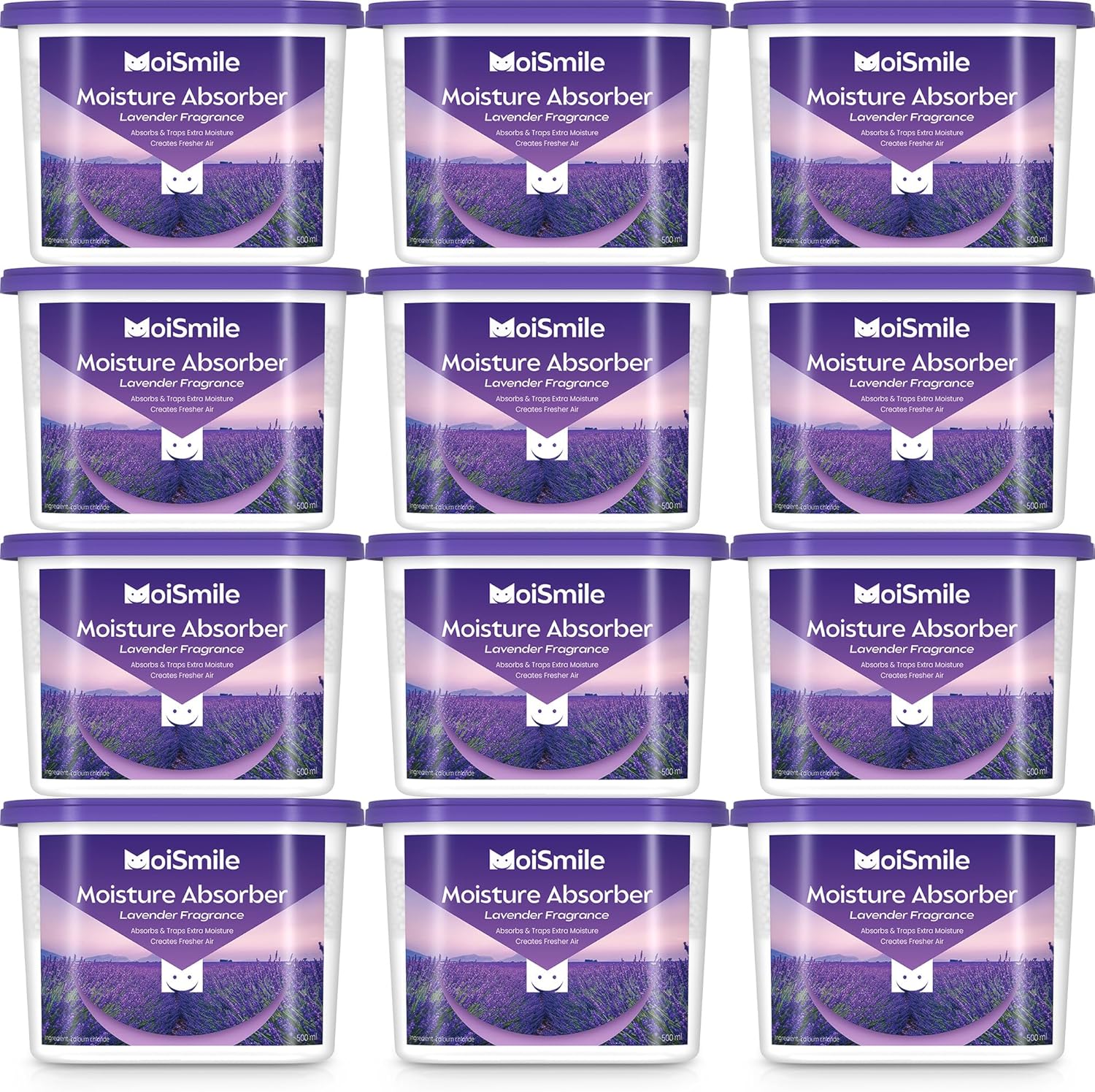 Moisture Absorbers 12 Pack, Lavender Fragrance Closet Dehumidifier for Bathroom, Car ＆ Basement, 10.5 oz Refillable Humidity Absorber Boxes