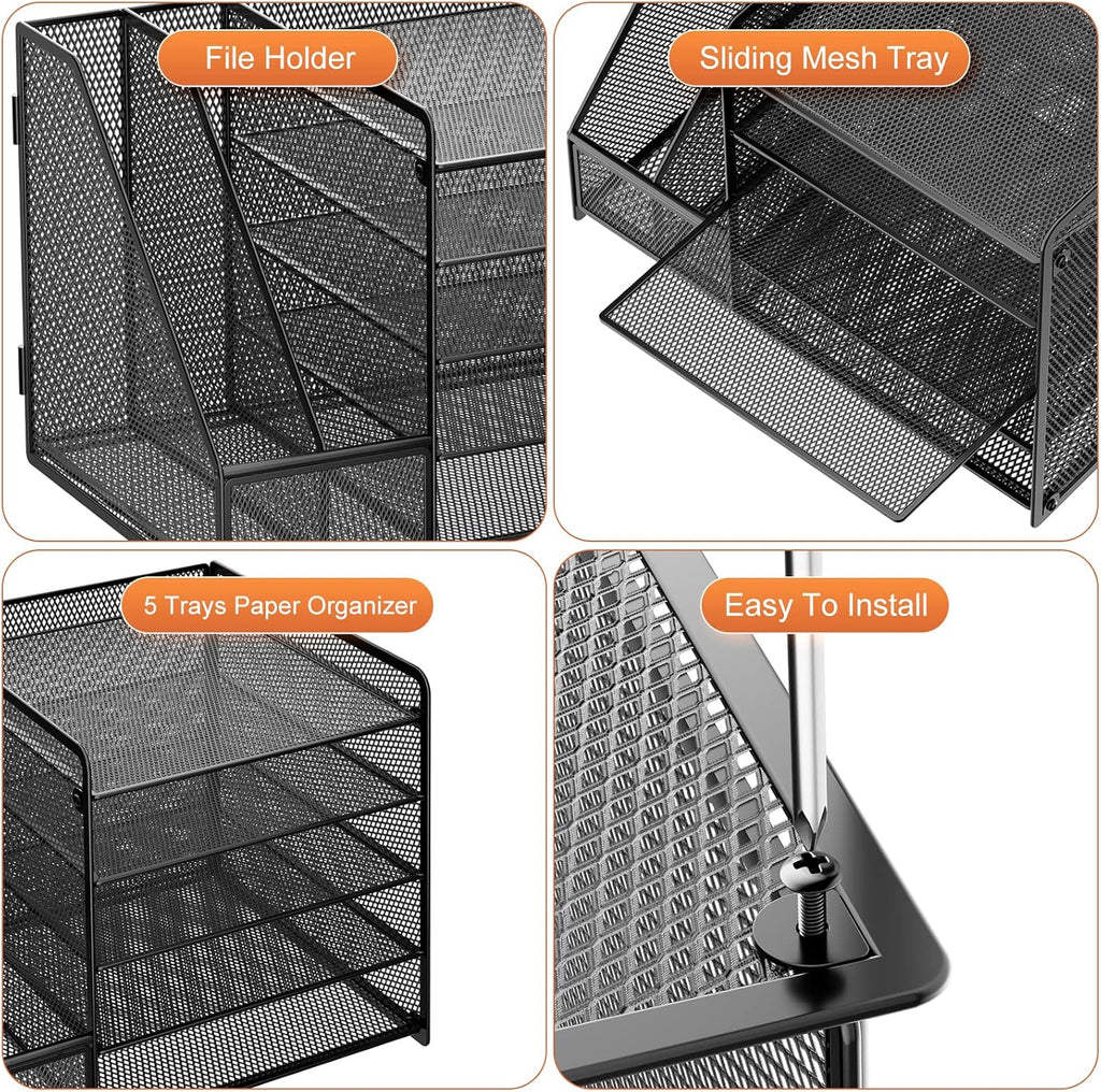 Marbrasse Desk Organizer with File Holder, 5-Tier Paper Letter Tray Organizer, Mesh Desk Organizers and Accessories with Magazine Holder, Desktop Storage for Office Supplies (Black)