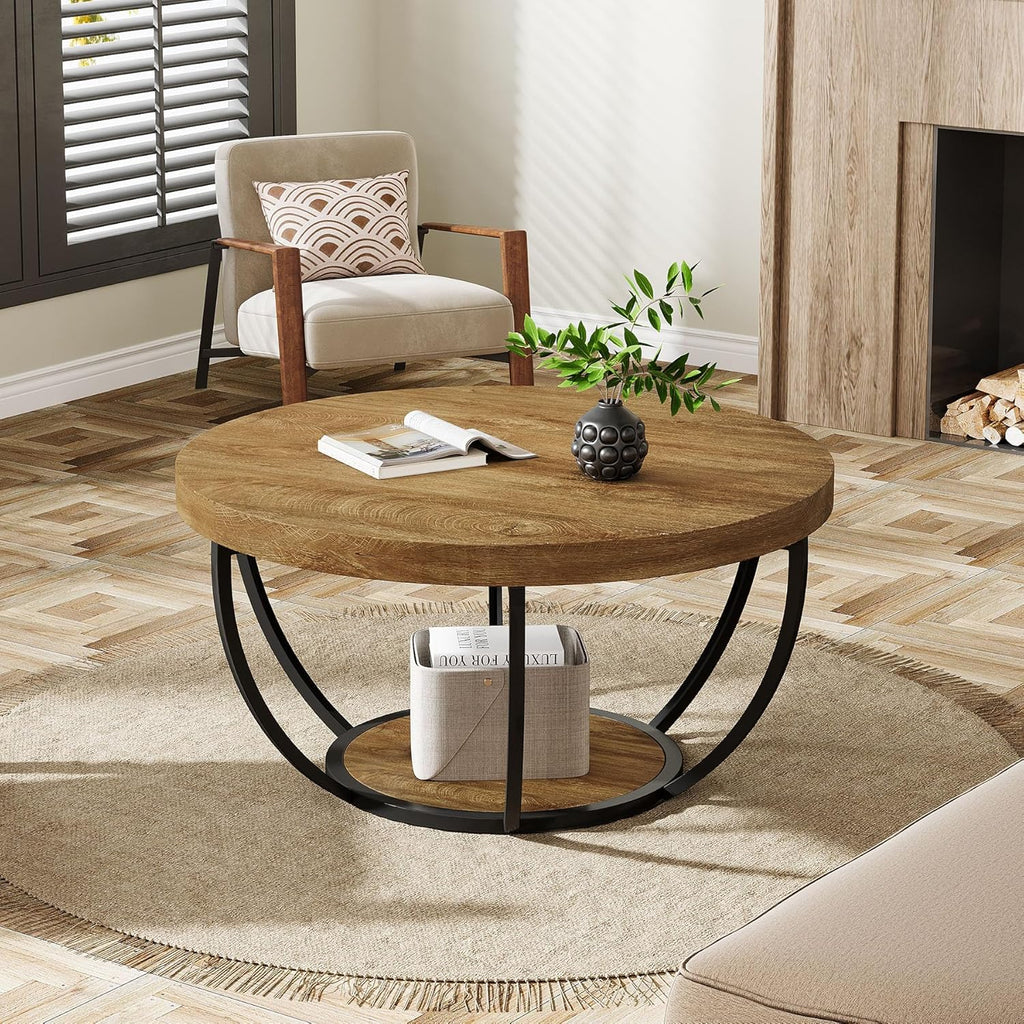Tribesigns Round Coffee Table, 31.7" Wooden 2-Tier Circle Coffee Table with Storage Shelves, Modern Accent Cocktail Table Center Table for Living Room, Natural Wood Brown